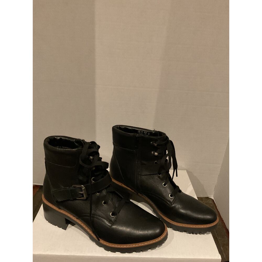 Naturalized- Tia- Black Leather Short Combat Boots with Zippers - 10M